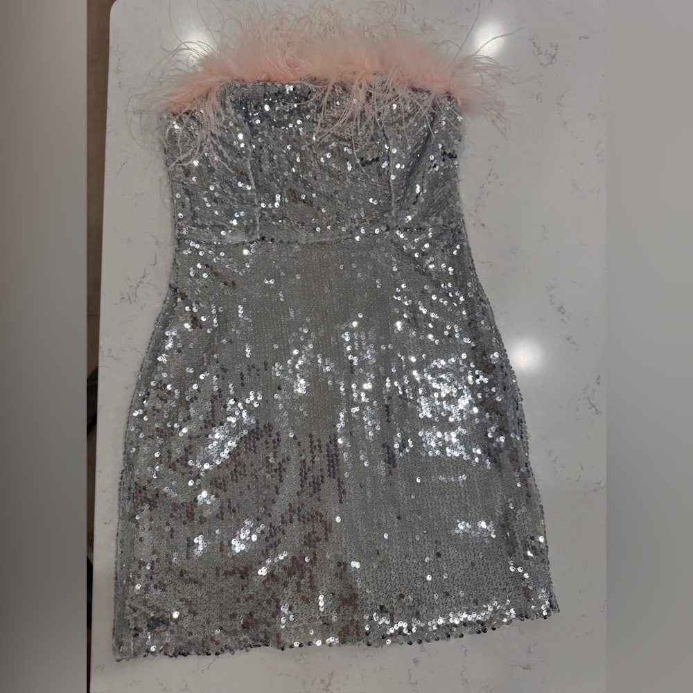 Main Strip Silver Sequin Dress with Pink Accents